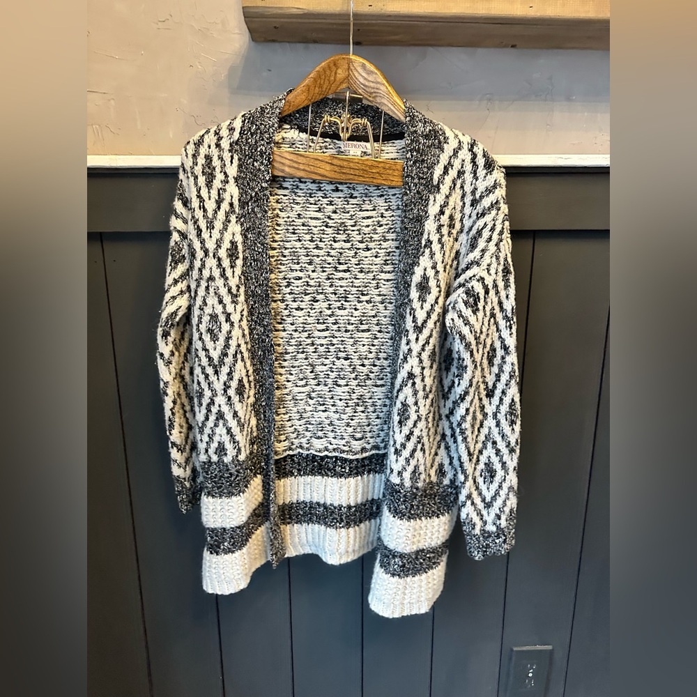 Merona‎ Open Knit Black White Chunky Cardigan Geometric Sweater XS